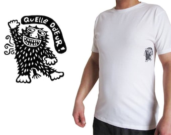 T-Shirt organic cotton men, Quelle Odeur screen print hand-printed