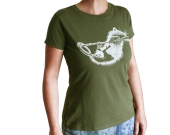 Rat, organic t-shirt for women, olive green. Screen print. M, rat print.