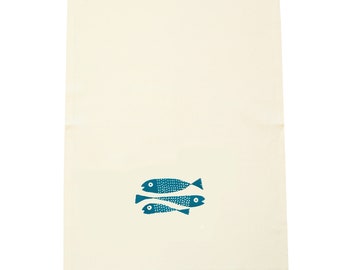 Fish, tea towel, organic cotton and bamboo. Screen printed by hand.