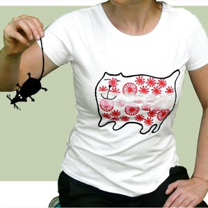 Cat, organic t-shirt for women, screen print, printed by hand, white, fat cat loves flowers organic tee image 1