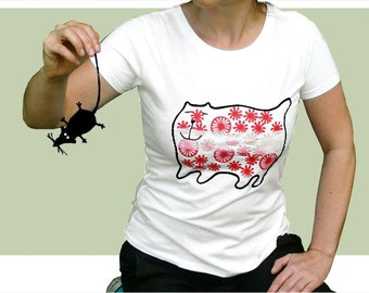 Cat, organic t-shirt for women, screen print, printed by hand, white, fat cat loves flowers organic tee