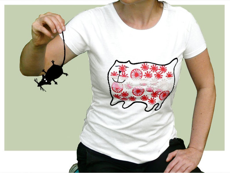 Cat, organic t-shirt for women, screen print, printed by hand, white, fat cat loves flowers organic tee image 1