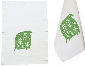 Green bear, tea towel, organic cotton