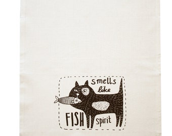 Tea towel organic cotton. Fish Spirit screen printed hand printed
