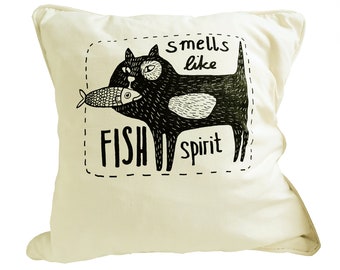 Housse de coussin, coton biologique, Smells like Fish Spirit, 45 x 45 cm, sérigraphiée à la main