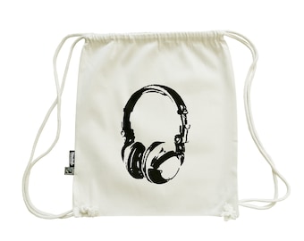 Gym bag, fair trade organic cotton, headphones, hand printed