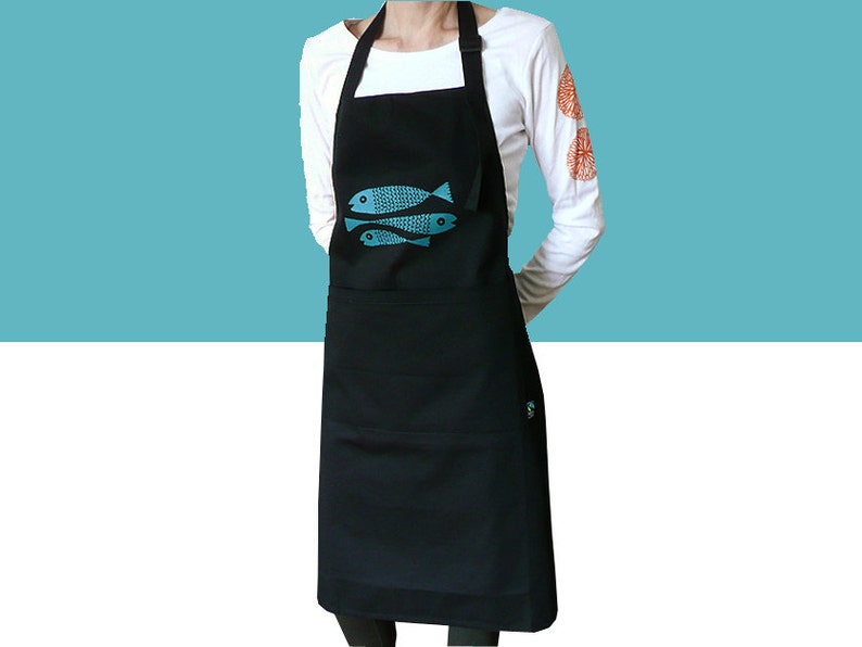 Fairtrade apron, fish. Organic cotton. Screen printed by hand. image 2