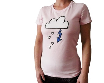 Hearts in the cloud, organic t-shirt women, size S, screen printed by hand