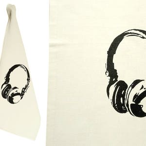 Headphones. Dish towel, organic cotton. Screen printed by hand.