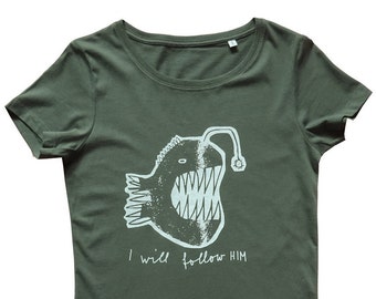 T-Shirt Femme, Bio Fairtrade, Poisson Grenouille Sérigraphié Imprimé à la Main