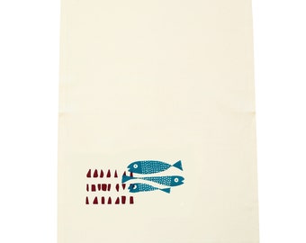 Fish and stones, tea towel, organic cotton and bamboo. Screen printed by hand.