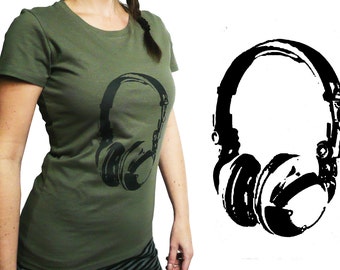 Headphones, organic t shirt women, olive, sizes L or XL, screen printed by hand