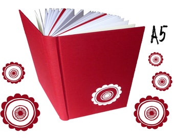 Flower, ornament, hand bound notebook, A5, deep red, motif screen printed by hand