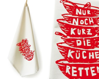 Tea towel organic cotton or organic and bamboo. Save the kitchen. Screen printed hand printed.