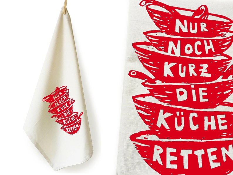 Tea towel organic cotton or organic and bamboo. Save the kitchen. Screen printed hand printed. image 1