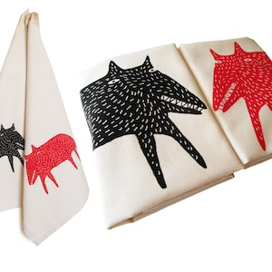 Fox and wolf, dish towel, dish cloth, organic cotton, tea towel, kitchen towel. Screen printed by hand.