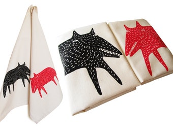 Vos en wolf, vaatdoek, keukendoek, keukenhanddoek, theedoek, keuken, biologisch organisch katoen. Zeefdruk, met de hand gedrukt.