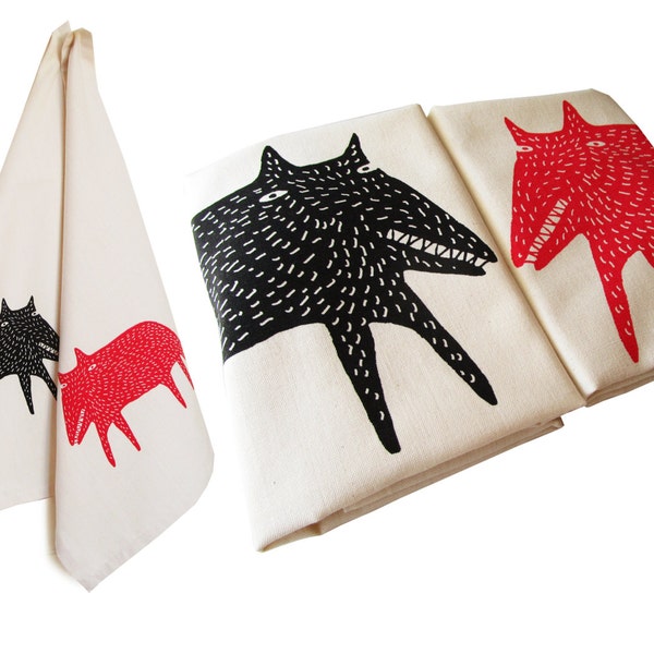 Fox and wolf, dish towel, dish cloth, organic cotton, tea towel, kitchen towel. Screen printed by hand.