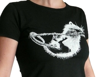 Rat, organic t-shirt, women, black, sizes M or XL. Screen printed by hand.