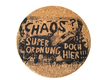 Pot coaster cork, chaos screen print hand printed