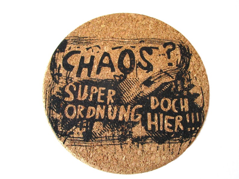 Pot coaster cork, chaos screen print hand printed image 1