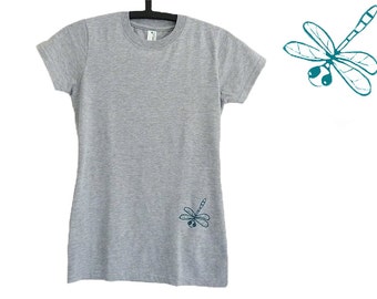 Dragonfly, organic t-shirt, size S, for women, screen printed by hand
