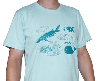 Fish, organic t-shirt, light blue for men, screen print.