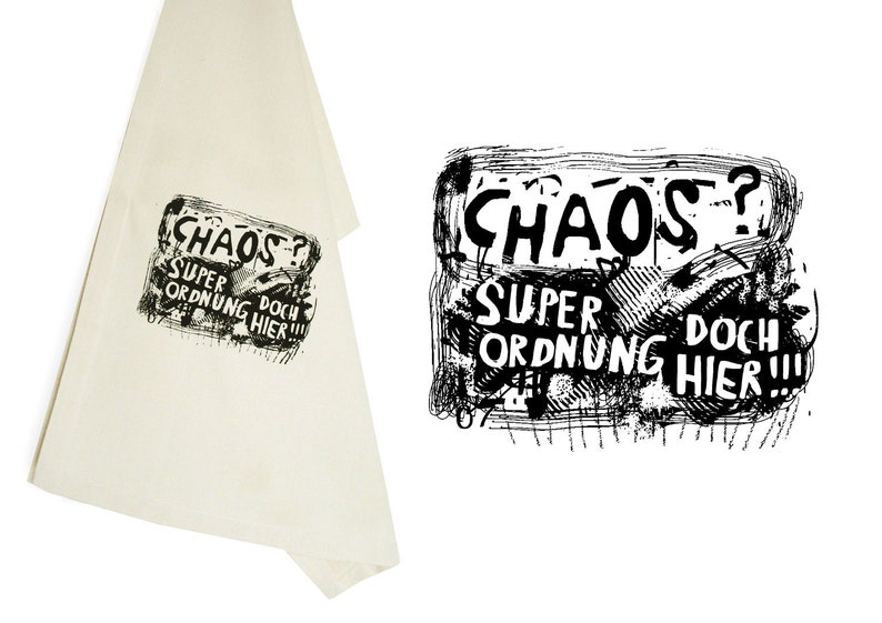 Tea towel organic cotton and bamboo, chaos. Screen printed hand printed image 1