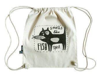 Gym bag, Fairtrade organic cotton, Smells like Fish Spirit, hand printed