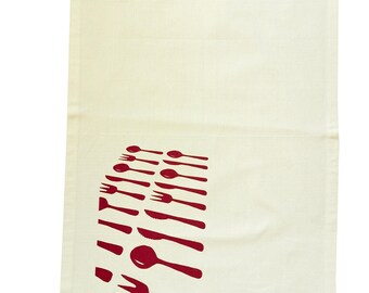 Cubiertos, paño de cocina orgánico. Serigrafiado, estampado a mano.
