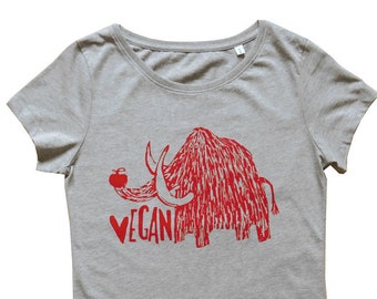 T-Shirt Frauen, Bio Fairtrade, grau, Vegan Mammut, handbedruckt