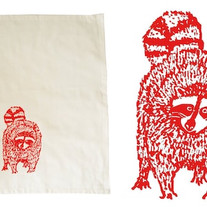 Raccoon, tea towel, organic cotton, fairtrade. Red print. Screen printed by hand. Dish towel, dish cloth, kitchen towel, present kitchen