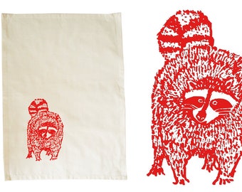 Raccoon, tea towel, organic cotton, fairtrade. Red print. Screen printed by hand. Dish towel, dish cloth, kitchen towel, present kitchen