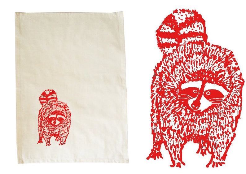 Raccoon, tea towel, organic cotton, fairtrade. Red print. Screen printed by hand. Dish towel, dish cloth, kitchen towel, present kitchen image 1