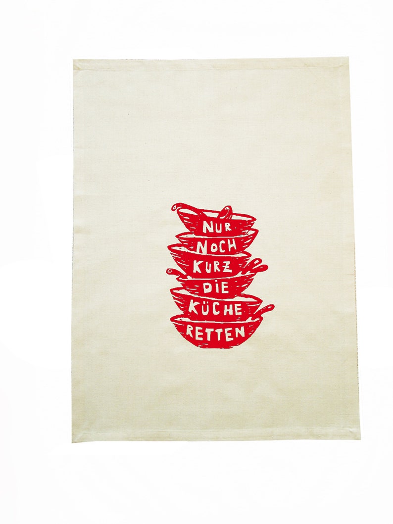 Tea towel organic cotton or organic and bamboo. Save the kitchen. Screen printed hand printed. image 2