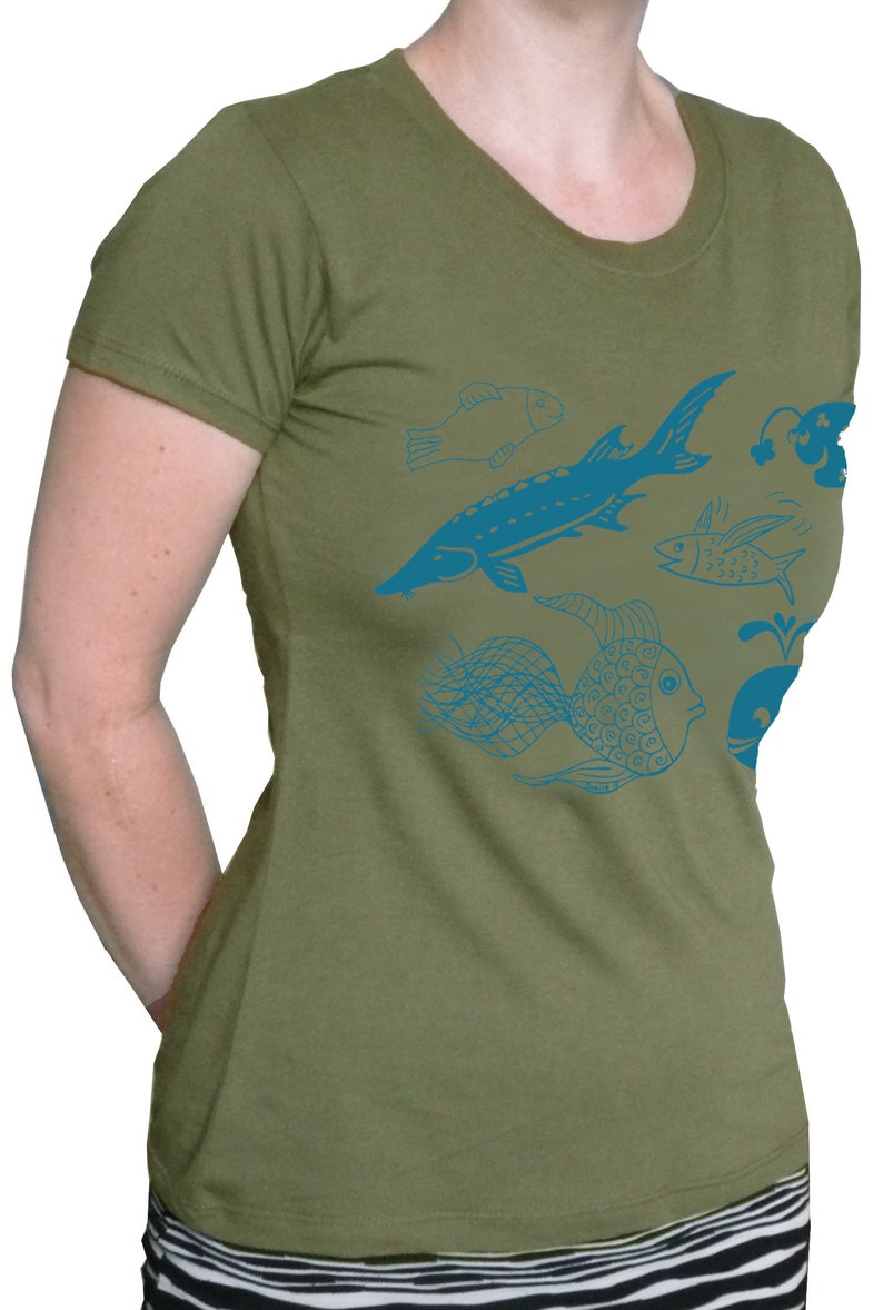 Fish, organic women's t-shirt. Screen printed hand printed image 4