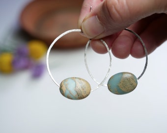 Ocean jasper spheres, hammered hoops, recycled sterling silver, ships quickly in compostable mailers, unique hoop earrings