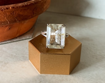 Natural Golden Rutilated Quartz, Raw Gemstone Ring, Size 8, Emerald cut, .925 silver, Aesthetic Jewelry, Aesthetic Ring, Luminous