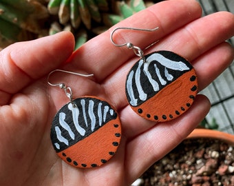 Wood Circle Dangle Earrings: Hand-Painted Abstract Art with Sterling Silver Hooks - Unique Statement Jewelry- Gift for a good friend