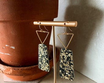 Black Trapezoid Earrings with Peppered Golden Dust, Lightweight Earrings, Statement Earrings, Sterling Silver Ear Hooks