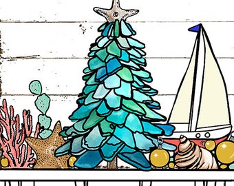 Seaglass Christmas Tree Scene - rug hooking pattern