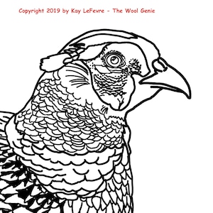 May include: A black and white line drawing of a pheasant's head and neck. The pheasant has a distinctive crest and a long, pointed beak.