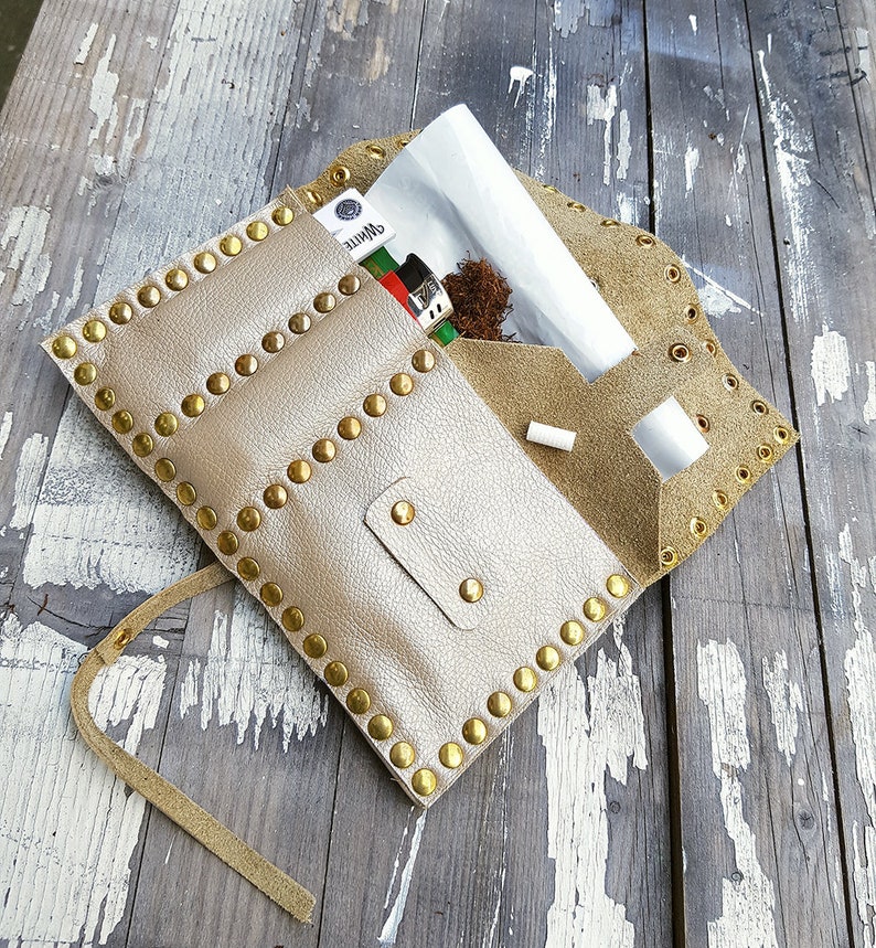 Steampunk Tobacco Pouch Rolling Case Purse White Genuine Leather