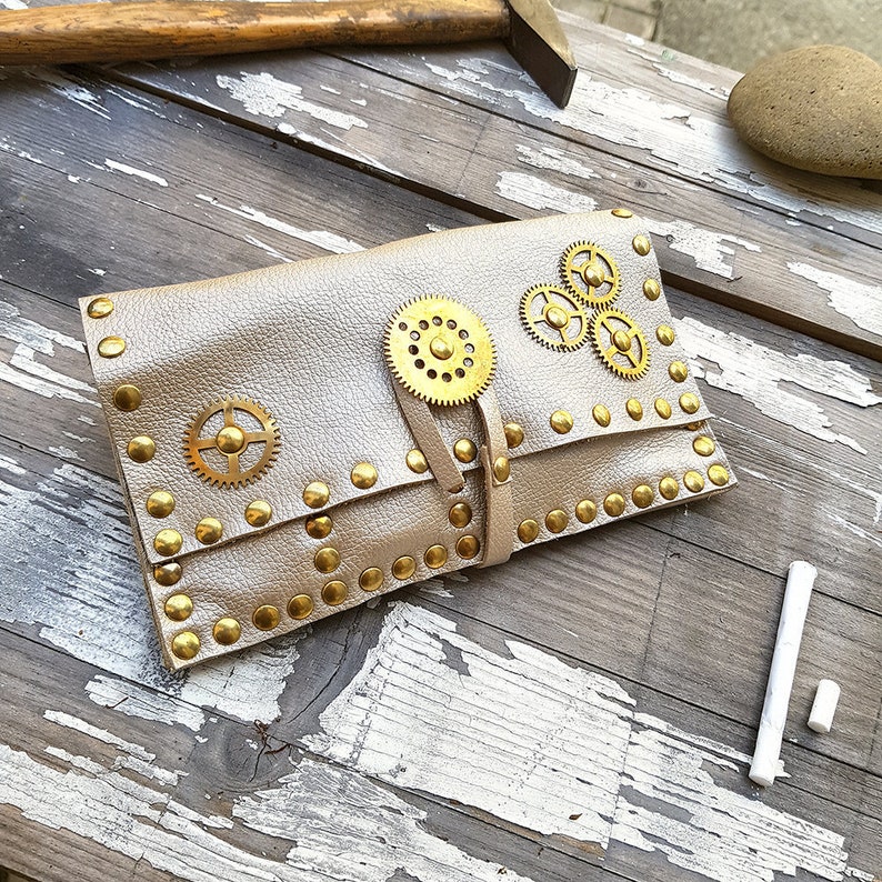 Steampunk Tobacco Pouch Rolling Case Purse White Genuine Leather