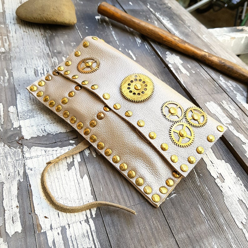 Steampunk Tobacco Pouch Rolling Case Purse White Genuine Leather
