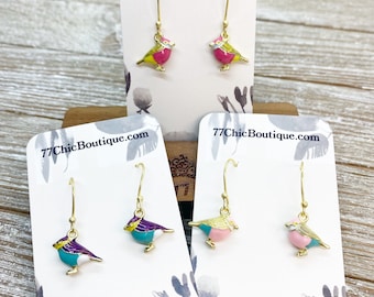 Colorful enamel bird charm earrings