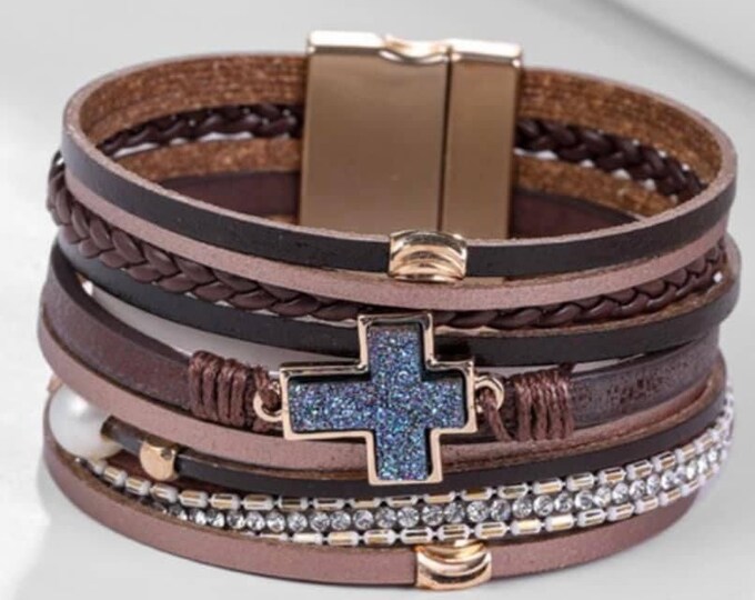 Featured listing image: Leather cuff bracelet with crystal accents and druzy cross. Magnetic clasp