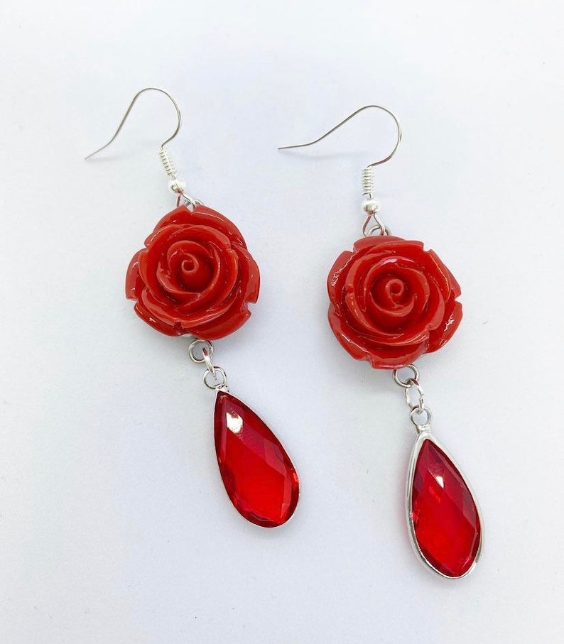 Red rose earrings with crystal drops