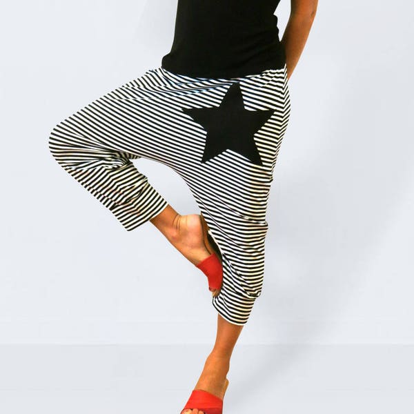 Striped pants black and white made of jersey with a star, striped pants black & white, pants stripes, women black white