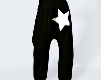 Black drop crotch pants made of jersey with a star, custom made pants, black white pants, urban harem pants, harem yoga pants